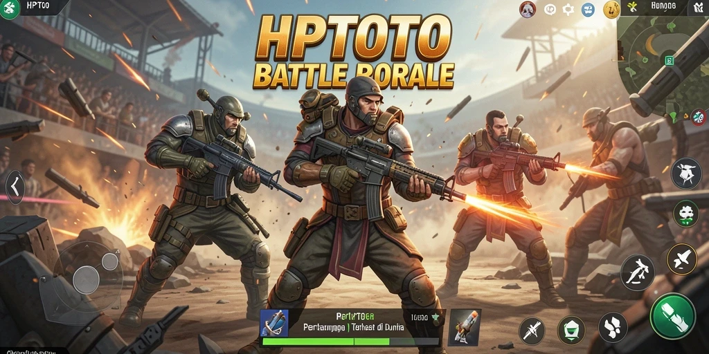 Screenshot gameplay HPTOTO menampilkan aksi intens dalam pertempuran Battle Royale.