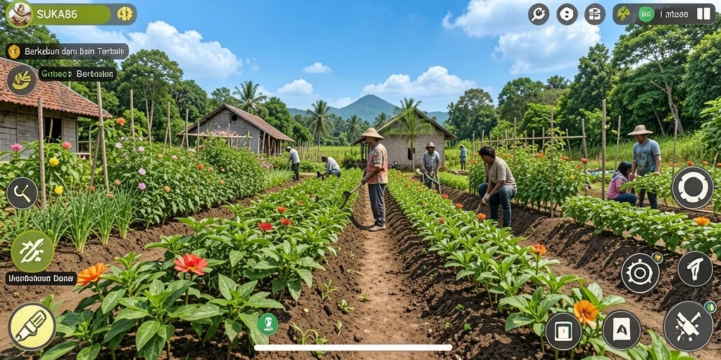 Screenshot gameplay SUKA86 menunjukkan serunya bertani dan berkebun.
