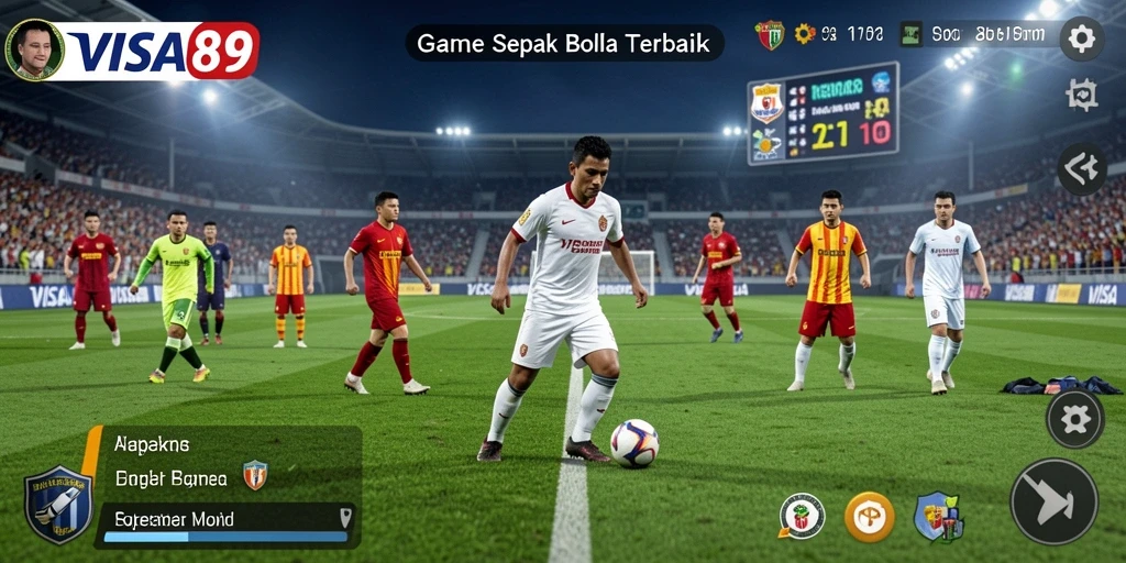 Screenshot utama <strong>VISA89</strong> menampilkan aksi seru di lapangan sepak bola.